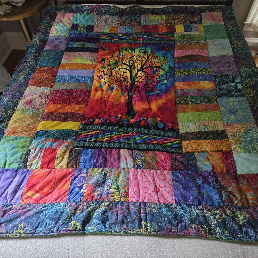 Handmade Batik Patchwork Throw Quilt – Tree of Life Center Panel – Colorful Art